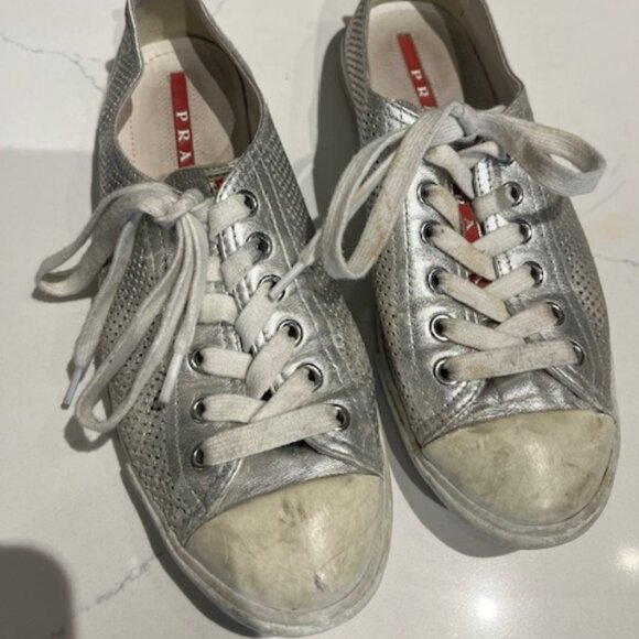 Silver gently worn Prada runners. - Picture 1 of 3